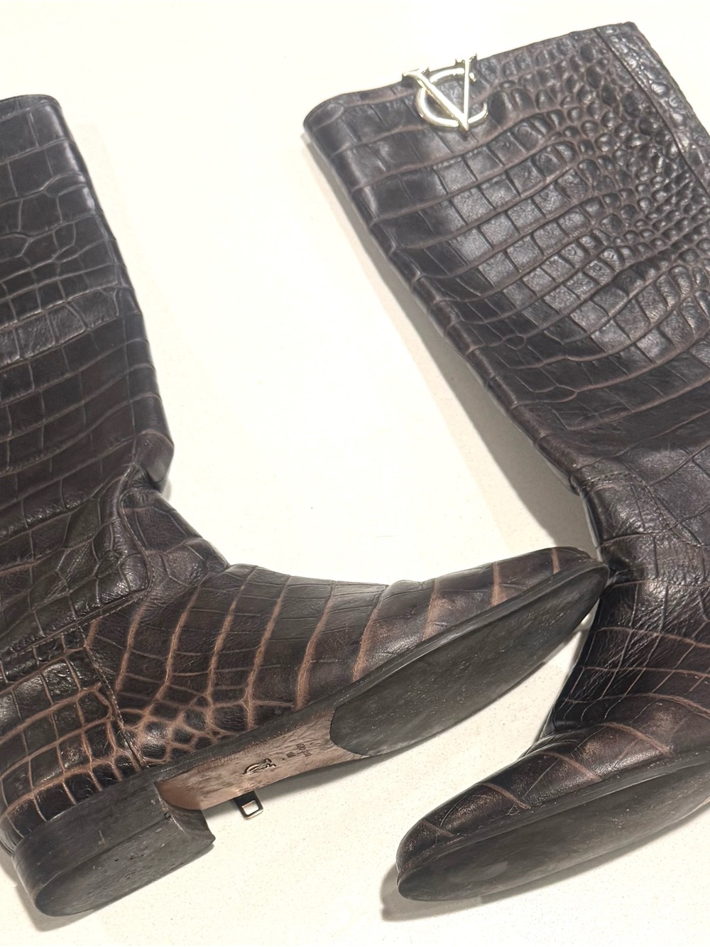 Vince Camuto Women's Dark Brown Croc-Embossed Over-the-Knee Boots
